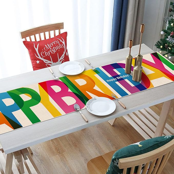 Happy Birthday Table Runner Colorful 13x72 Inch Polyester Linen Table Decoration for Kitchen Dinning, Indoor Outdoor Home Party Desktop Decor (Colorful)