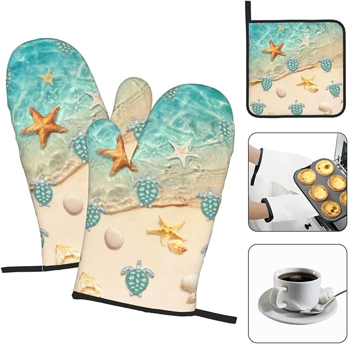 Sea Turtles Beach Oven Mitts and Pot Holders Sets of 3 Nautical Kitchen Decor Heat Resistant Hot Pads Teal Nautical Decorative Oven Gloves for Cooking Grilling Baking