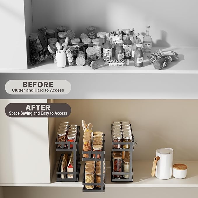 Magheo Pull Out Spice Rack Organizer for Cabinet, 4 Pack Metal Seasoning Organizer Slide Out Spice Storage Shelf No Assembly Vertical Spice Rack Pullout for Kitchen & Bahthroom No Drill(2 Tier,Black)
