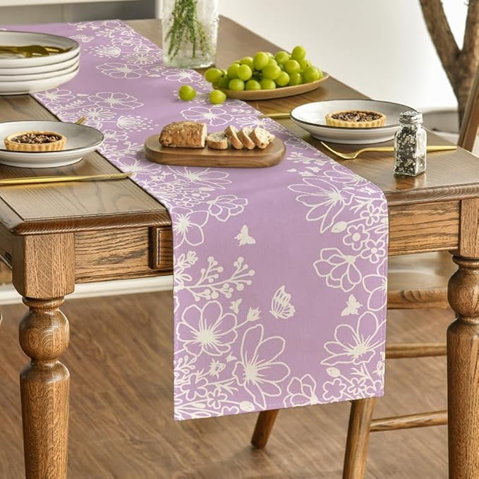 Artoid Mode Purple Bloom Flowers Butterfly Spring Table Runner,Seasonal Summer Kitchen Dining Table Decoration for Home Party Decor 13x72 Inch