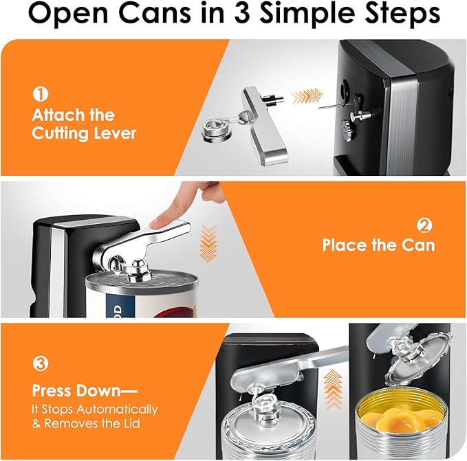 Davivy Electric Can Opener, One Touch Lid Opener, Removable Stainless Steel Cutter and 3-in-1 Design, with Sharpener and Bottle Opener (Black)