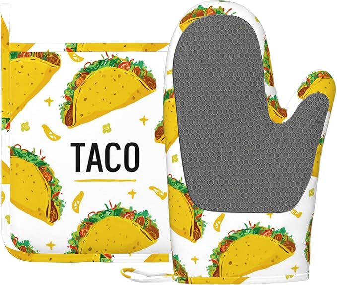 Taco Time Heat-Resistant Oven Mitts and Pot Holder Kitchen Non-Slip Silicone Cooking Microwave Gloves for Cooking Baking Grilling