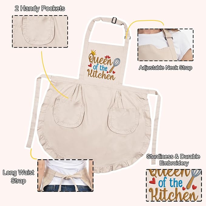 Fairy's Gift Funny Cooking Aprons for Women with Pockets, Embroidered Cute Baking Aprons - Queen of the Kitchen - Fun Mothers Day, Birthday, Cooking Gifts for Women Baker Mom Wife Girlfriend Chef