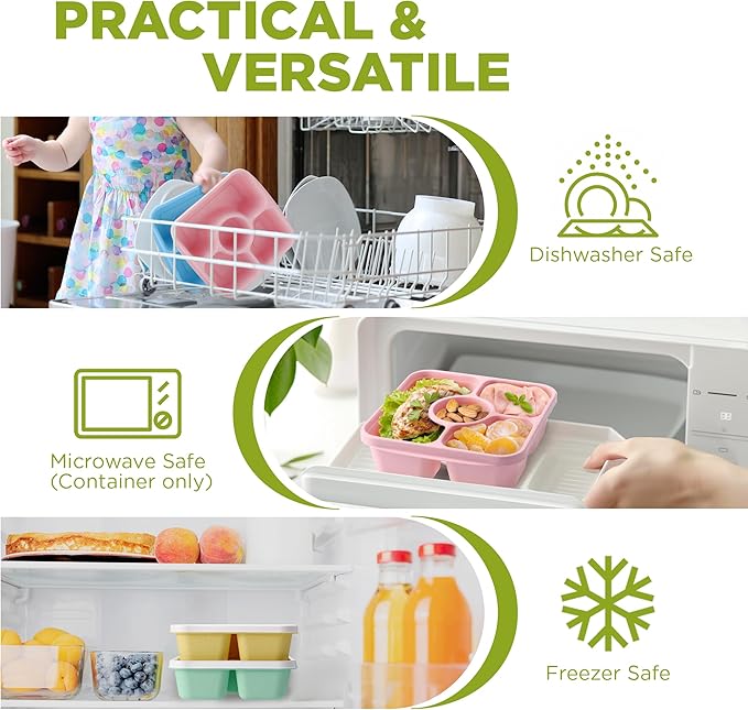 Bento Snack Box Containers, Kids Adults Bento Lunch Box Containers, 4 Pack Meal Food Prep Containers Reusable with Lids, Divided Food Storage Containers with Sauce Cups, Pastel Color