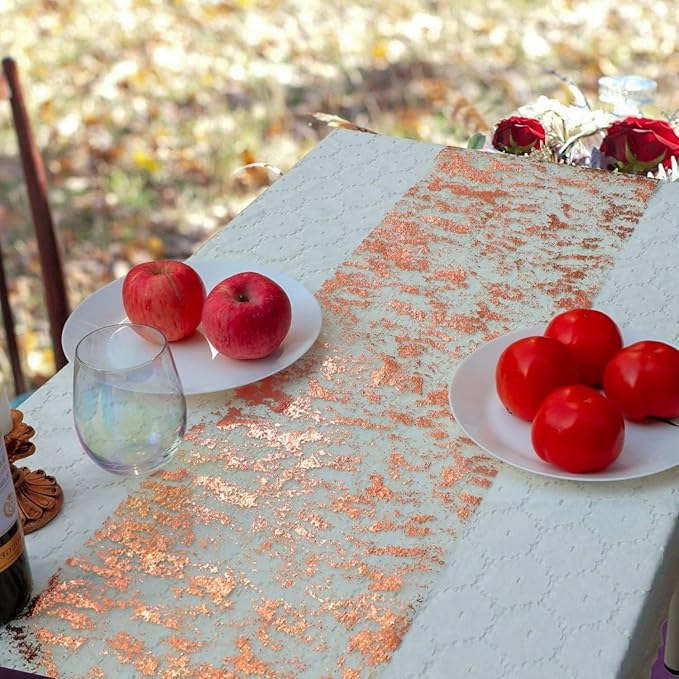 Snowkingdom Rose Gold Table Runner 11 Inch x 100 Feet Glitter Sequin Metallic Pink Thin Mesh Runner Sparkly Table Decorations for Birthday, Wedding, Bridal Shower, Baby Shower Party