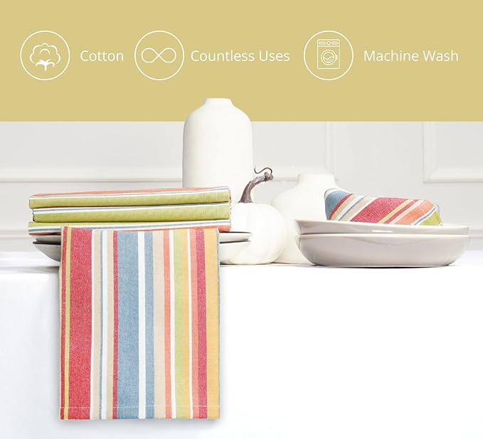 PurpleEssences Plain Striped Cloth Napkins - Set of 12-100% Cotton - 18 x 18 Inch - Spring Easter Summer and Perfect Everyday Use Dinner Napkin - Multi Color