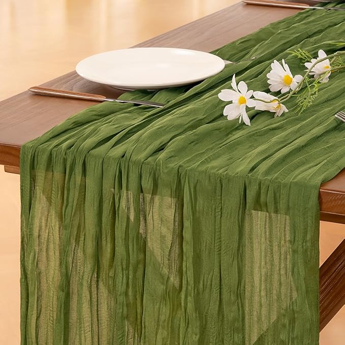 Socomi 3pcs Campsite Green Easter Spring Cheesecloth Table Runner Boho Rustic Gauze 120 inch 10FT Cheese Cloth Runner for Wedding Party Baby Shower Birthday Home Decor Holiday Decorations