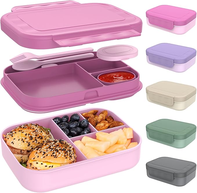Caperci Stackable Bento Lunch Box for Adult & Teens - Reinforced Leak-Proof Lunch Container 4-Compartment with Utensils & Sauce Container, BPA-Free, Dishwasher/Microwave Safe, 47oz (Cherry Blossom)