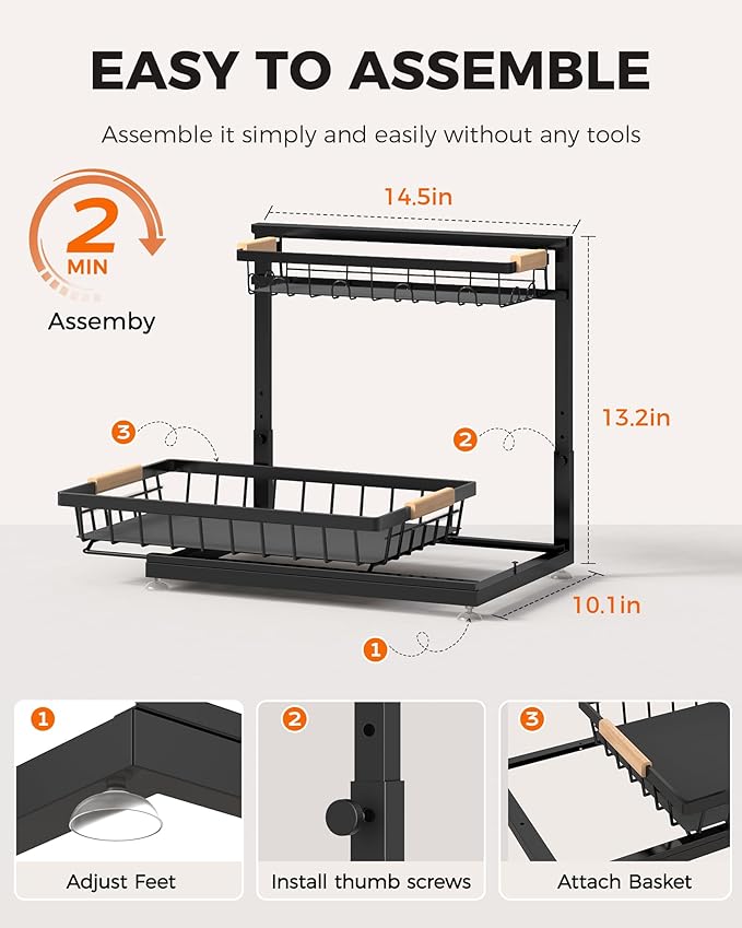 Sevenblue 3 Pack Under Sink Organizer, Height Adjustable 2 Tier Pull-Out Metal Under Kitchen Sink Organizer, Multi-Purpose Storage Shelves for Kitchen Bathroom Cabinet (Black)