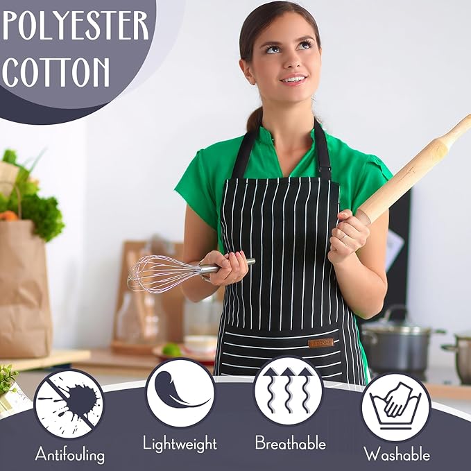 Handepo 12 Pcs Cotton Aprons for Women Men with Pockets Soft Adjustable Bib Stripe Aprons for Cooking Kitchen Chef