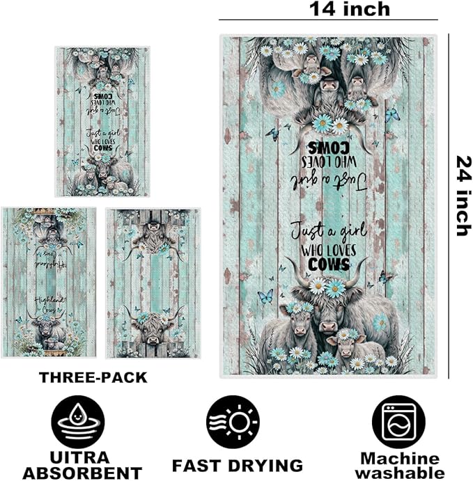 3 Pcs Cattle Kitchen Towels, Cow Vintage Themed Dish Towel Bathroom Decorative Rustic Cloths for Kitchen Bathroom Home Cooking Housewarming Gifts, Cow Gifts for Women Mom