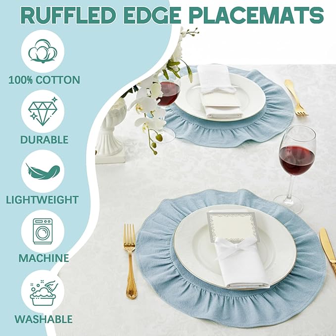 4 Pcs 15 Inch 100% Cotton Scalloped Round Placemats, Thin Light Blue Place Mats with Ruffle, Washable Placemats Table Mats for Kitchen Dining Holiday Gatherings Decor