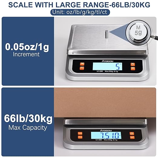 ATOGOU 66lb Food Scale, Commercial Kitchen Scale Plug-in Usable with Full View LCD Display, Stainless Steel, for Baking, Bread, Cooking, Meat, Vegetables, Farm, Industry LC200 Silver