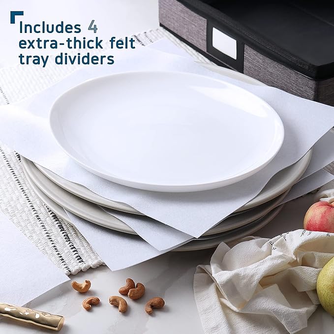 Platter Storage Case – Fine China Storage Containers Hard Shell, Quilted and Stackable 16”x 12.5”x 3.5” Platter Storage Container with Handles and Felt Dividers for Moving and Seasonal Storage, Grey