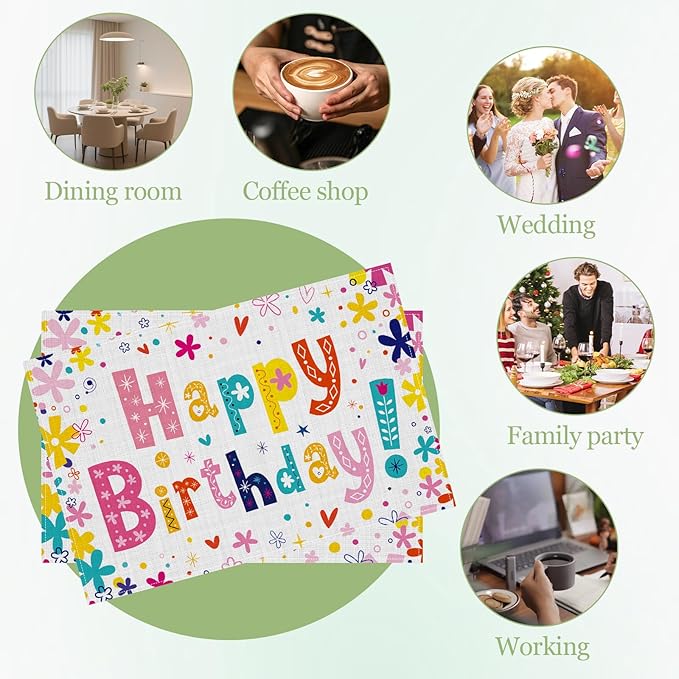 Happy Birthday Placemats Set of 6, Washable Heat Resistant Table Mat Linen Place Mats for Party Kitchen Dining Home Decor 12x18 Inch