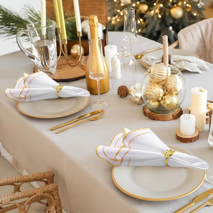 Hahafelt 6 Set Cloth Napkins 18x18inches Scalloped Embroidery Cloth Napkins Washable Polyester Table Dinner for Hotel Restaurant Weddings Events Parties (Gold)