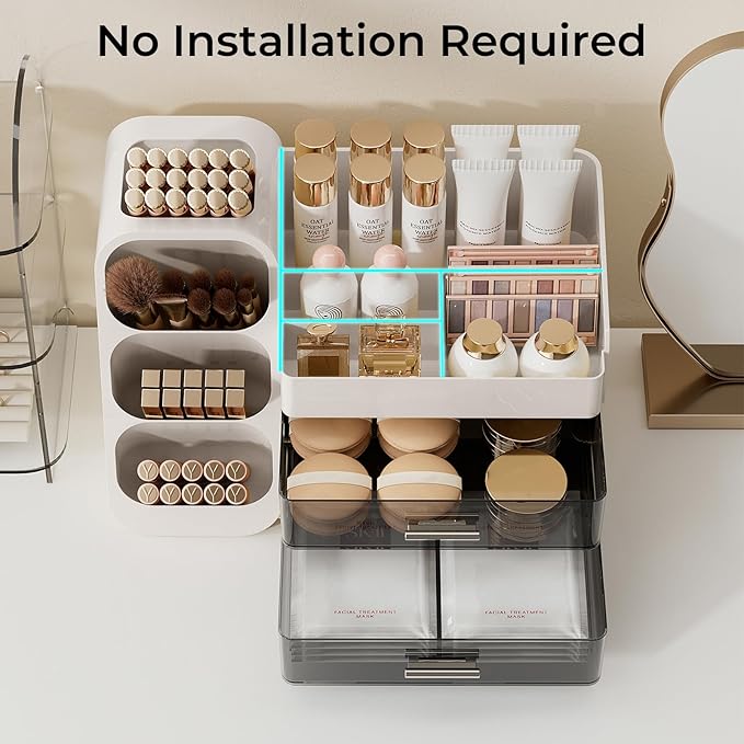 Makeup Organizer for Vanity with Brush Holder, Large Plastic Bathroom Countertop Skincare Organizer with 2 Drawers, Spacious Cosmetic Display Case for Perfumes, Eyeshadow Palettes, Nail Polishes