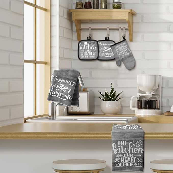 Sratte 6 Pcs Kitchen Decor Accessories Set Farmhouse Towels Pot Holders Oven Mitts Set 2 Dish Towels 2 Potholders 2 Cooking Mittens Oven Glove for Christmas Baking Cooking (Dark Gray)