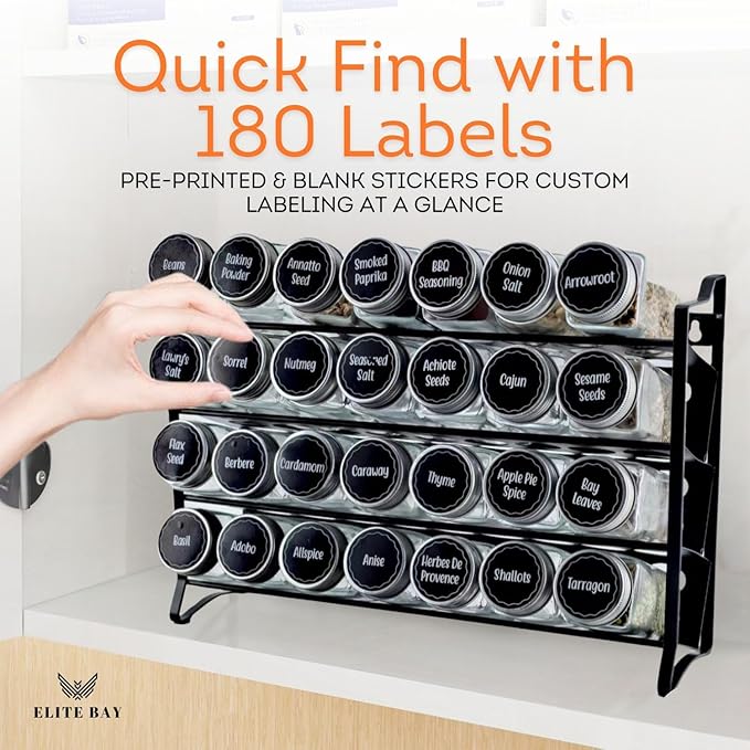 Spice Jar Rack with KEEP – 4-Tier Organizer with 28 Empty Bottles, 180 Waterproof Labels (55 Blanks), Funnel &Screws | Space-Saving Spice Storage Set for Kitchen Counter or Cabinet