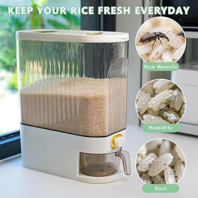 Rice Storage Container 10kg, Clear Food Grain Dispenser with Date Dial & Measuring Cup, Space-Saving Organizer for Rice, Cereal, Pet Food, Pasta