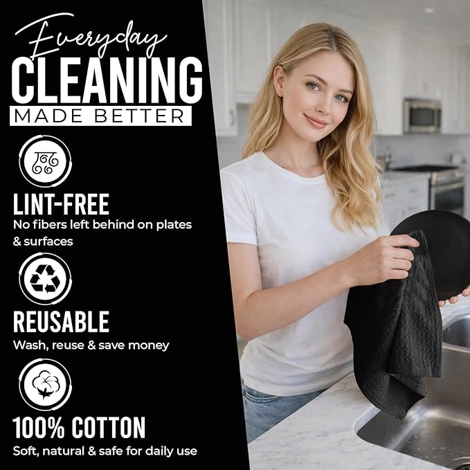 DAN RIVER Premium Dish Cloth 100% Cotton 12 X 12 Inches |Pack of 8|-Ultra Soft Tea Towels-Highly Absorbent Kitchen Rags-Terry Dishcloth for Kitchen and Household Cleaning |Black|