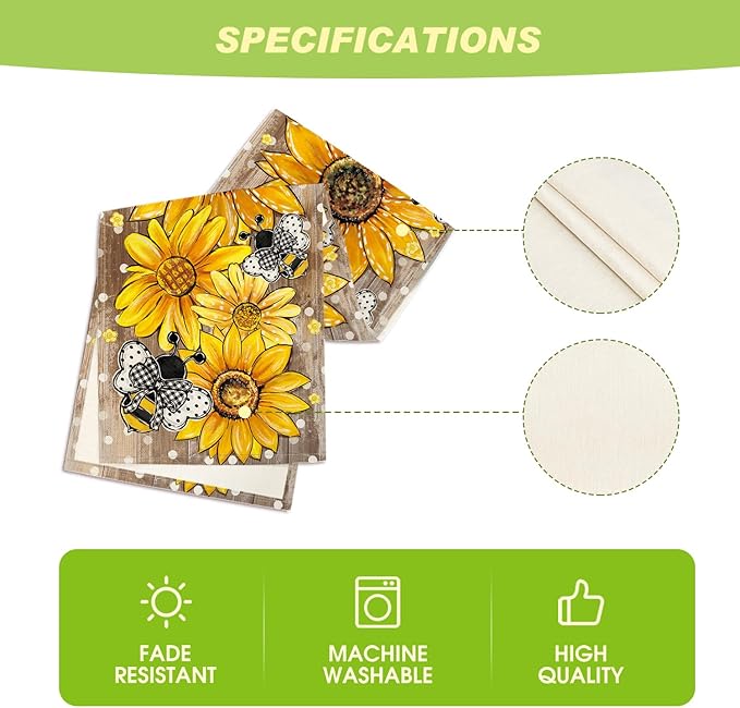 Artoid Mode Wood Sunflower Bee Flower Polka Dot Summer Table Runner, Seasonal Kitchen Dining Table Decoration for Indoor Party Home 13x72 Inch