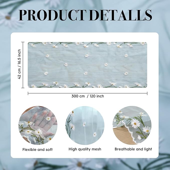Artoid Mode Daisy Floral Sky Blue Shaped Gauze Embroidery Table Runner 120 Inch 10FT, Tulle Spring Summer Kitchen Dining Table Decor for Home Party
