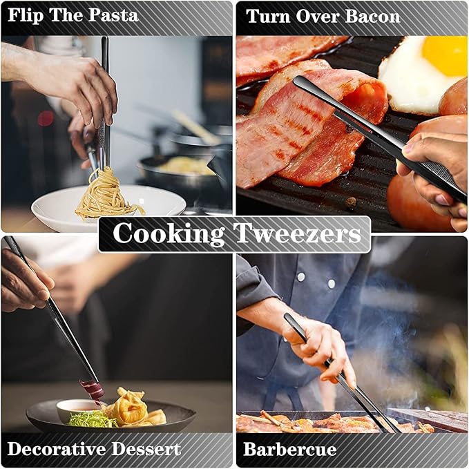 JETKONG 2 Pcs 10-Inch Kitchen Tweezers Tongs with Precision Serrated Tips, Stainless Steel Chef Tweezer Professional Cooking Tweezers for BBQ, Plating and Serving (10-Inch, Black)