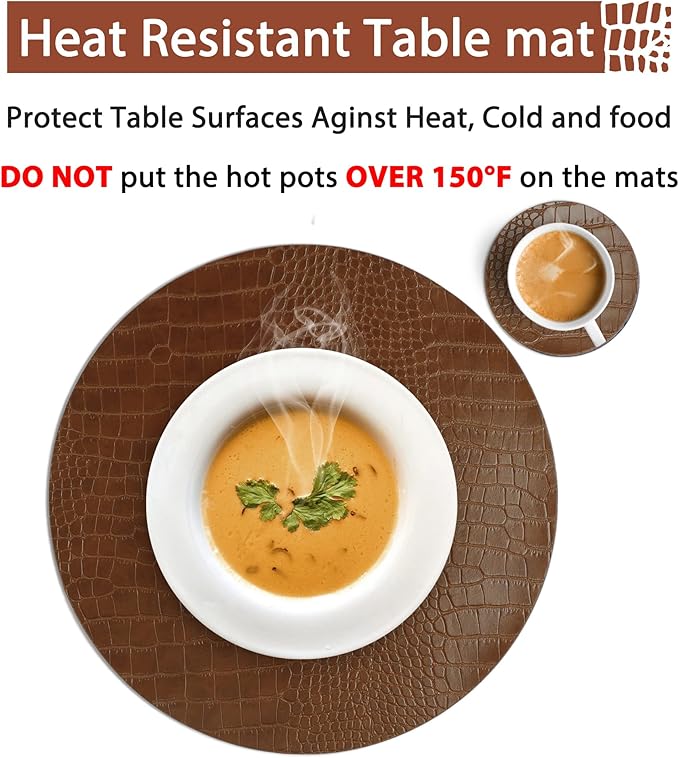 Round Leather Placemats for Round Tables Set of 8, Brown Table Place Mats and Coasters, Washable Easy to Care for Indoor Decor 13" Diameter