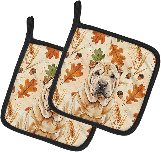 Caroline's Treasures Red Shar Pei Heirloom Fall Pair of Pot Holders Pair 7.5x7.5 Quilted Insulated Hot Pads Decorative Kitchen Gift Made in USA