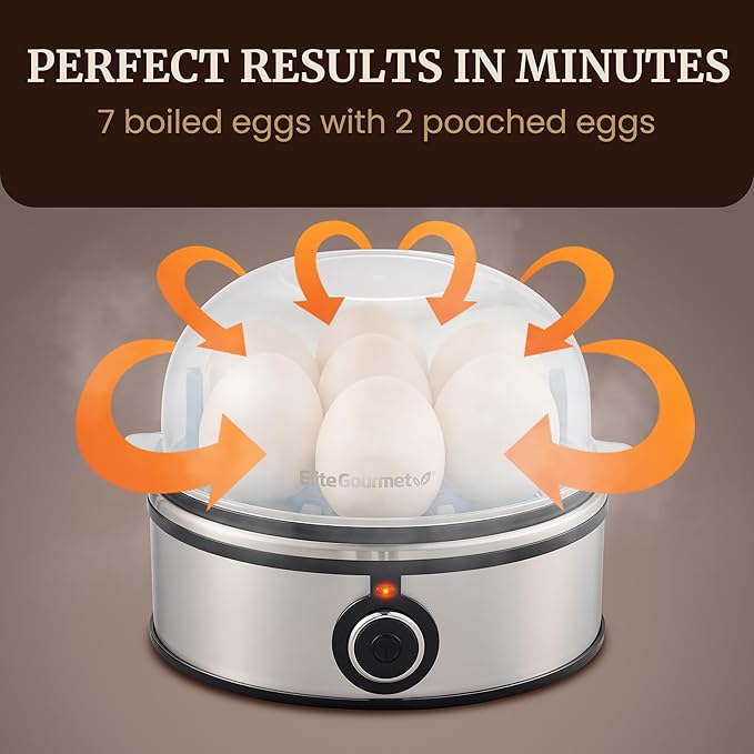 Elite Gourmet EGC855SS Easy Egg Cooker, 7-Egg Capacity, Soft, Medium, Hard-Boiled, Omelets, Poached Eggs, Plays Melody when Done, Auto Shut-Off, Measuring Cup, Stainless Steel