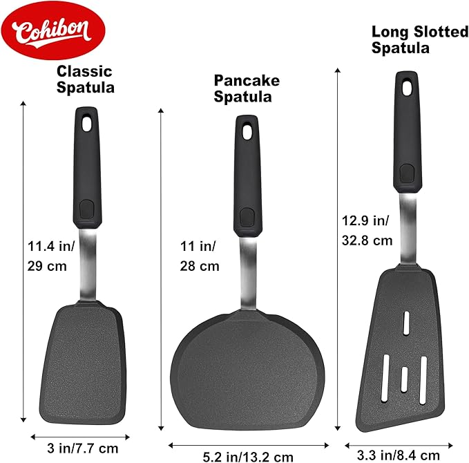 3 Piece Silicone Spatula Turner Set, 600°F Heat-Resistant Nonstick Kitchen Cooking Utensils Set for Egg,Pancake,Burger - Thin Stainless Steel with Silicone, Dishwasher Safe,Black