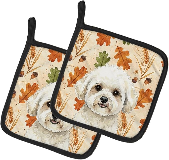 Caroline's Treasures White and Cream Bichon Frise Heirloom Fall Pair of Pot Holders Pair 7.5x7.5 Quilted Insulated Hot Pads Decorative Kitchen Gift Made in USA