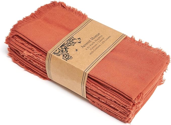 ACCENTHOME Cotton Rust Cotton Linen Napkin Set of 6 18x18 inch Dinner Napkins - Washable Soft Premium Hotel Quality Reusable Napkins Perfect Table Napkins for Family Dinners, Weddings & Everyday Use
