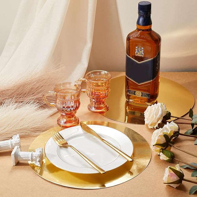 Tioncy 100 Pcs Gold Round Paper Placemats Gold Decorative Disposable Placemats Table Mats for Dining Wedding Table Decoration Home Banquet New Years Festive Party Birthday Holiday