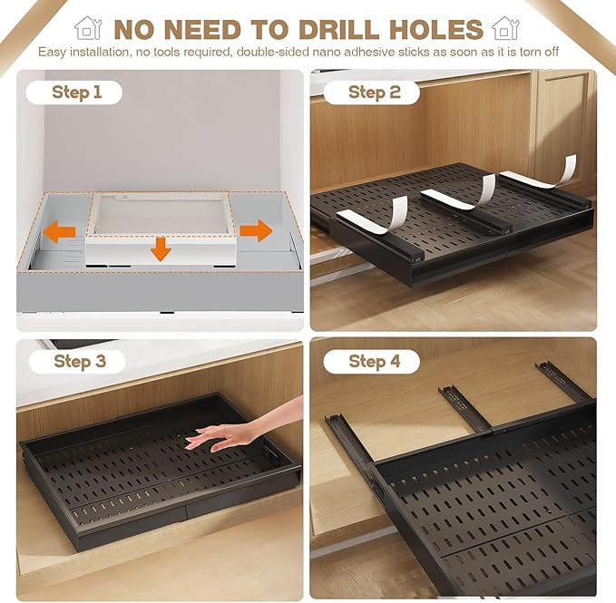 Seinloes 2 Pack Pull Out Cabinet Organizer With Raising Pad for Framed Cabinets,Expandable Width (15"-25") and Depth (17"-24"),3 Slide Rails Slide Out Drawers with Handle,No-Drill Roll Out Shelf,Black
