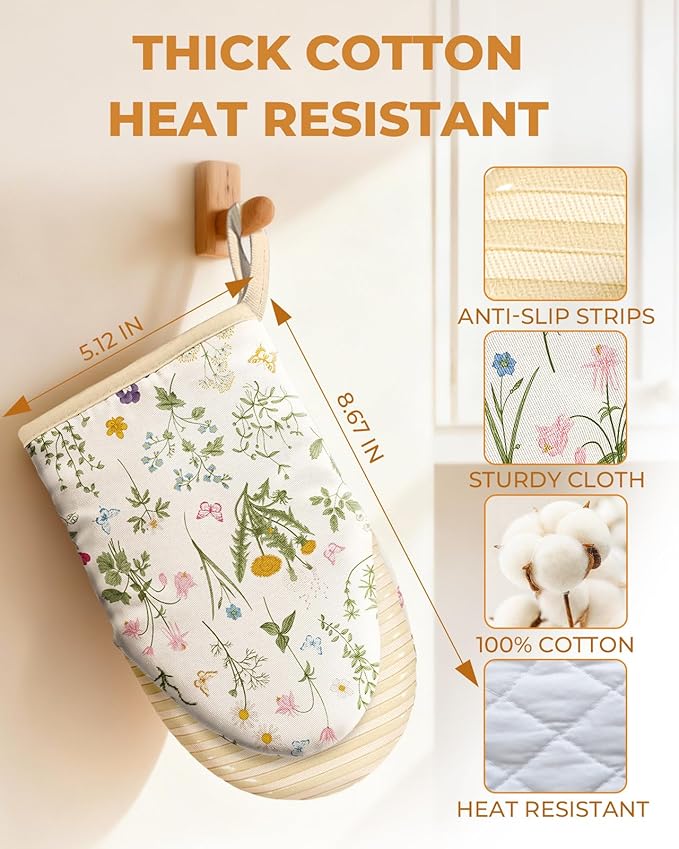 Slohif Mini Oven Mitts Set – Extended Short Heat Resistant Kitchen Gloves for Women, 100% Cotton Oven Mitts with Silicone Grips, Non-Slip and Thick Durable for Cooking & Baking，White