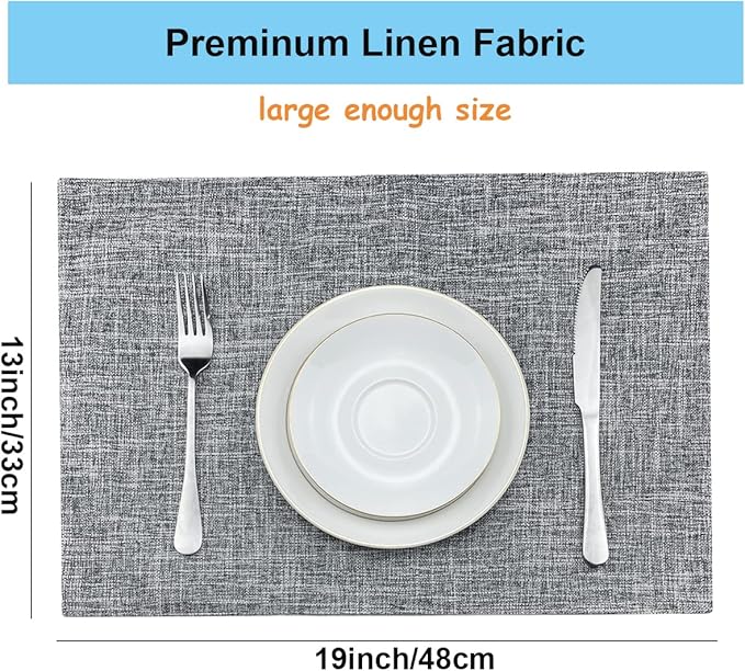 Weabetfu Cloth Placemats Set of 8 Heat Resistant Dining Table Placemmats Cotton Linen Machine Washable Kitchen Table Mats Wrinkle Free Thick Fabric Place Mat,Easy to Clean,13"x19" Mottled Grey w/Brown