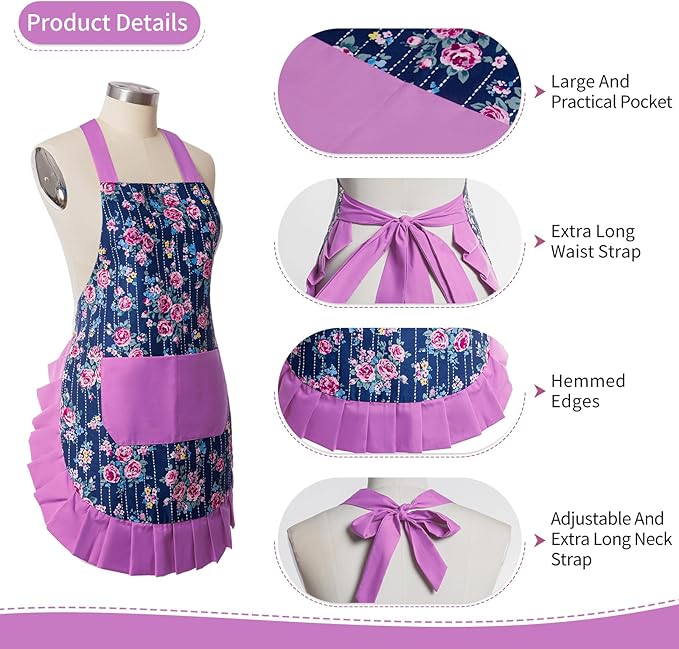 Vintage Floral Apron for Women with Functional Pockets Adjustable Neck Strap for Cooking Baking Mother's Gift