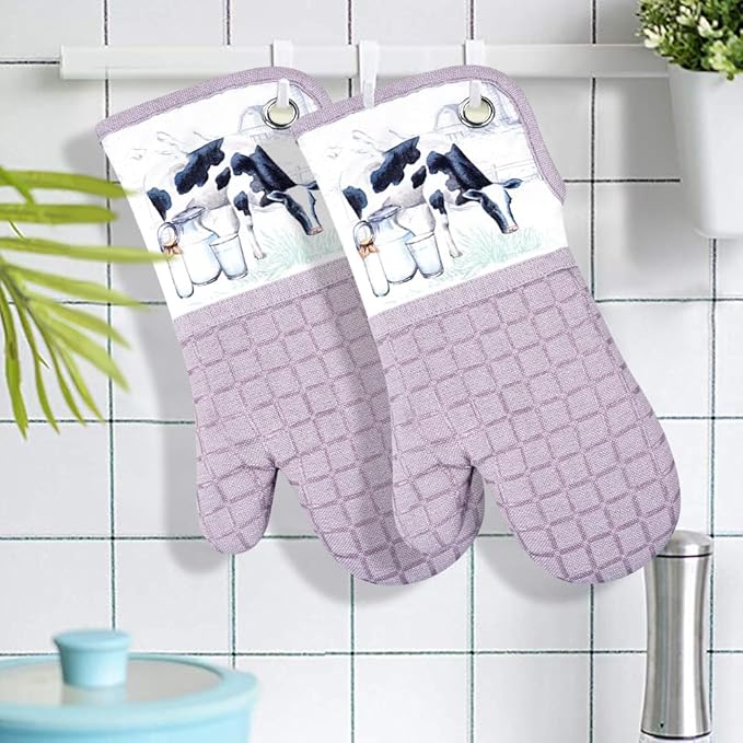 Silicone Printing Oven Mitts Heat Resistant to 500 Degree,Yarm-Dyed Oven Gloves with Animal Design Non-Slip for Kitchen Cooking Barbecue Baking and Machine Washable. (Purple Oven Mitts)