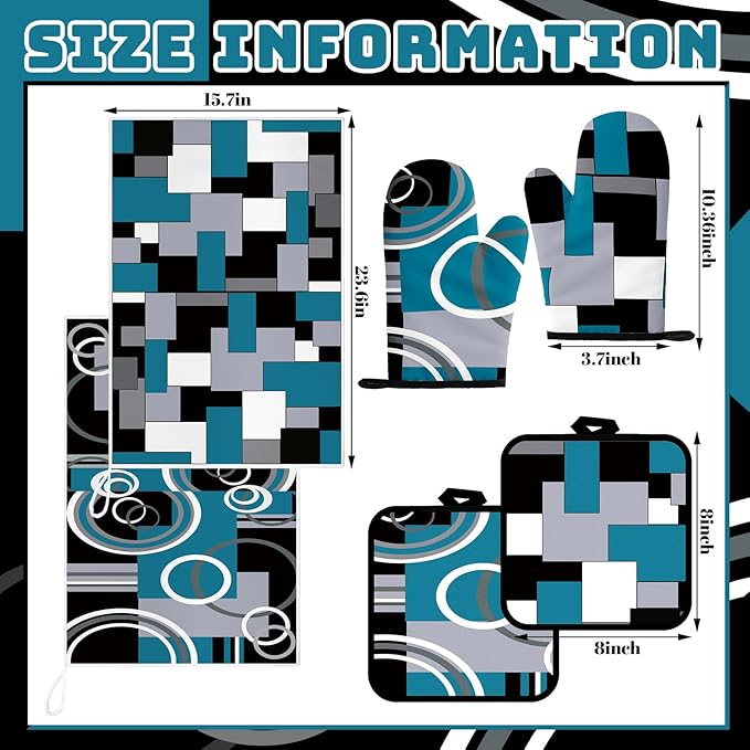 Jingmore 6 Pcs Kitchen Decor Set Accessory Farmhouse Kitchen Towels Pot Holders Oven Mitts Set 2 Dish Towels 2 Pot Holders 2 Cooking Mittens Oven Glove for Cooking(Teal,White, Gray,Geometric)