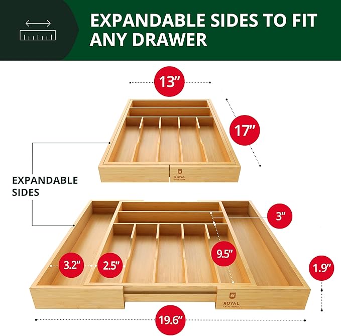 ROYAL CRAFT WOOD Luxury Bamboo Kitchen Drawer Organizer and Storage Box 5pcs Bundle