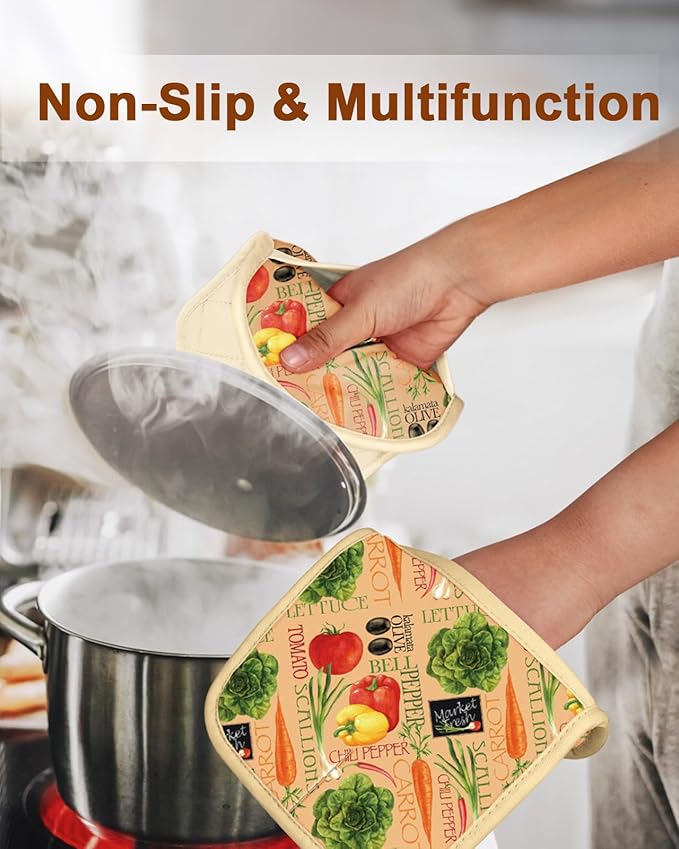 Swooflia 100% Cotton Pot Holders 2 Pack Set for Kitchen with Pockets - Cute 440°F Heat Resistant Oven Hot Pads Heavy Duty for Countertop Home Cooking Baking Microwave BBQ Vegetables
