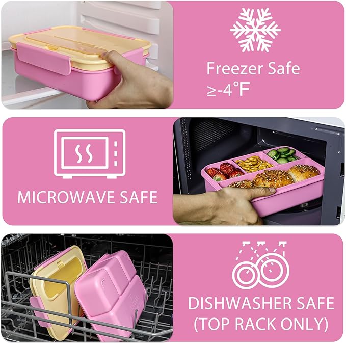 Caperci 50oz Larger Bento Box for Kids - Reinforced Leakproof Lunch Box Containers for Kids, Built-in Sauce Cup, Utensils, 4 Compartments, BPA-Free Microwave & Dishwasher Safe (Yellow/Pink)