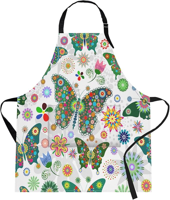 Britimes Butterfly Apron Floral Colorful Butterflies Flowers Aprons Kitchen Cooking Gardening for Women With Pockets