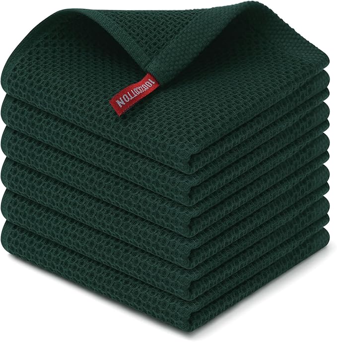 Kitinjoy 100% Cotton Kitchen Dish Cloths (12 X 12 Inches, Blackish Green), 6 Pack Waffle Weave Ultra Soft Absorbent Dish Towels for Drying Dishes Quick Drying Kitchen Towels Dish Rags