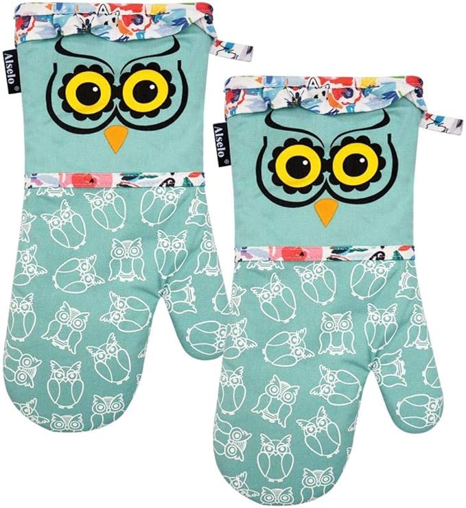 Alselo Oven Mitts, Heat Resistant with Soft Quilted Cotton Lining Set of 2, Fashion Animal Design with Silicone Printing Anti-Slip Kitchen Gloves for Safe Backing Cooking Barbecue (Green 2)