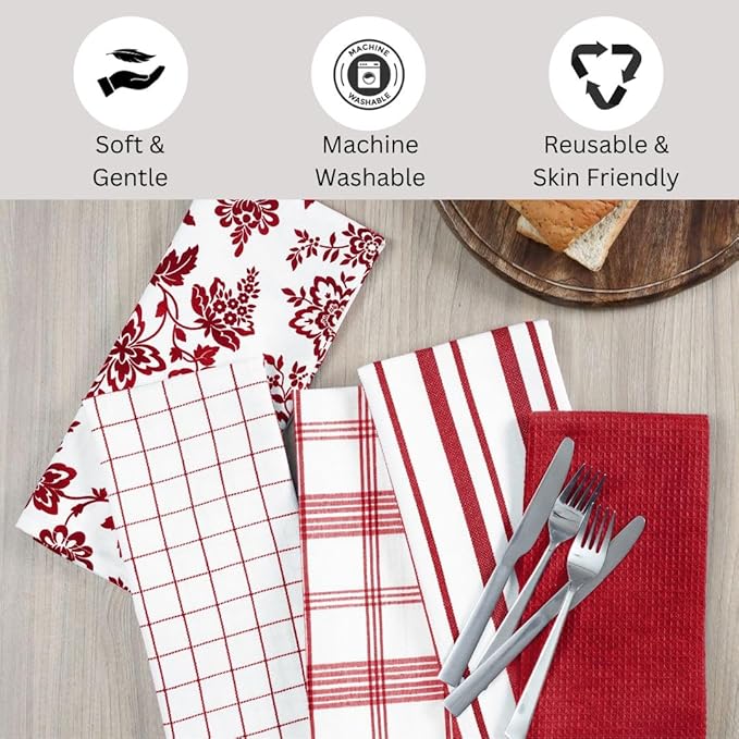 Assorted Kitchen Towels 100% Cotton 16x26 Inch - Super Absorbent, Soft & Quick Drying, Multi-Purpose for Drying & Cleaning, Ideal for Kitchen & Home Use, Set of 5 Low-Lint Dish Towels Red