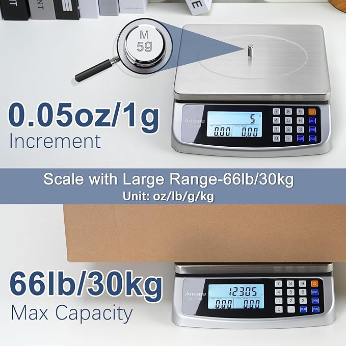 Atogou 66lb Food Scale, Commercial Kitchen Scale with Price Computing, Plug-in Usable, 0.05oz/1g, 304 Stainless Steel, for Cooking, Vegetables, Farm, Industry, Counting. LC300 Silver