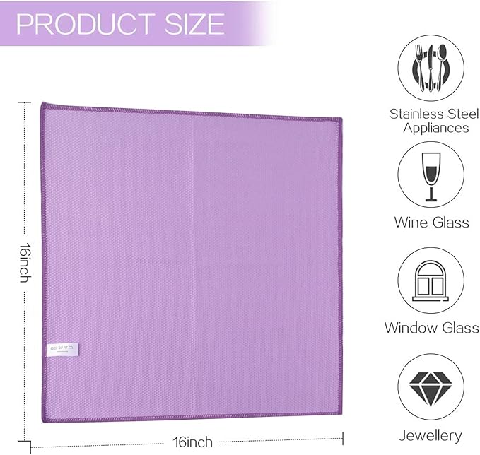 SINLAND Microfiber Glass Cleaning Cloth, 6PK, Lint Free Cleaning Cloths for Window, Car Windows, Mirrors, and Stainless Steel, Glass and Window Cleaner 16x16 Inch Purple